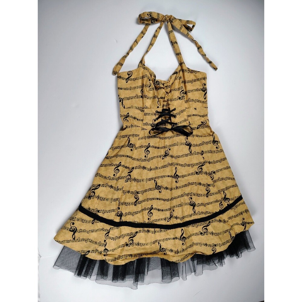 Hot Topic Dress Womens Md Beige Music Note Sweetheart Fit Flare Tulle Hem Print